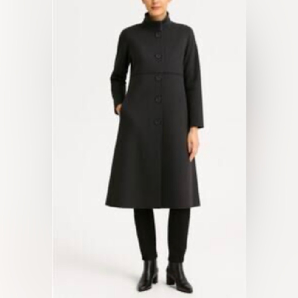 🌺EILEEN FISHER LOMG BLACK WOOL BLEND EMPIRE WAISTED COAT SIZE PETITE SMALL🌺